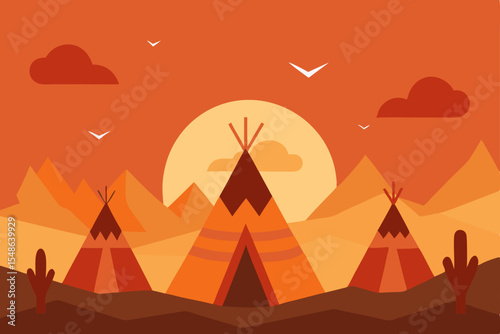 Sunset Desert Landscape Native American Teepees Silhouette