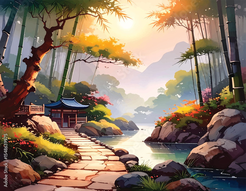 Tranquil zen garden with a pathway and natural beauty. Serene peaceful landscape of bamboo and mountain views. Zen-inspired artwork with calm waters and gentle breeze. Peaceful mountain scenery