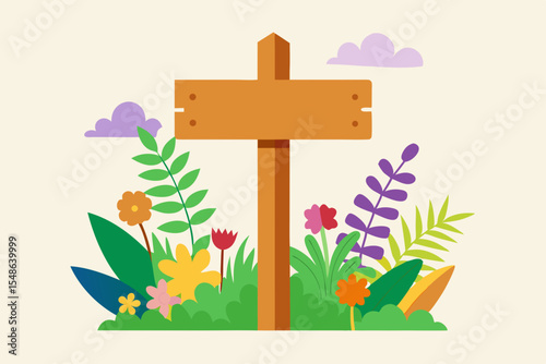 Blank Wooden Signpost in a Lush Floral Garden