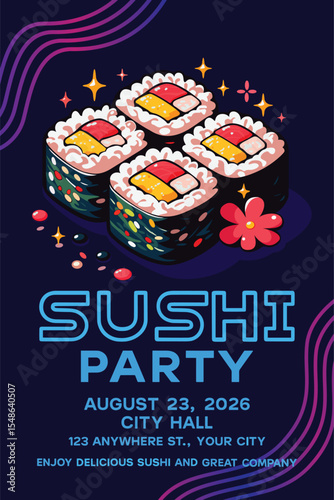 Sushi party poster with colorful sushi rolls illustration, cute japanese food design for restaurant event flyer or asian cuisine festival advertisement