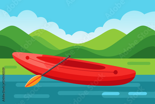 Red canoes and boats glide across the calm lake, reflecting the summer sky amidst a vibrant natural landscape