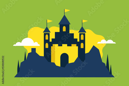 Cartoon vector illustration of a medieval fantasy castle on a hill at night