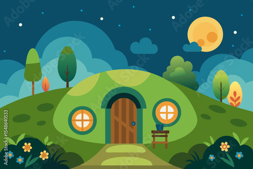 A charming cartoon fairy tale house nestles in a vibrant green forest landscape, with a bright sky, cheerful flowers, and rolling hills