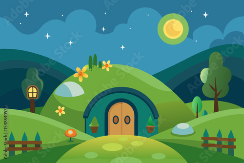 Colorful cartoon spring landscape with houses, green trees, and a bright blue sky