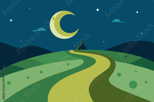 A serene night landscape with a winding road leading to the moon and stars, amidst a field of green grass and trees