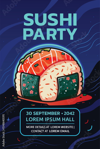 Sushi party poster with cute sushi roll illustration, colorful japanese food design for restaurant event flyer or seafood festival advertisement