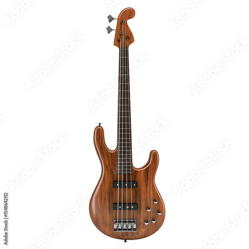 A wooden electric bass guitar stands upright isolated on white or transparent background
