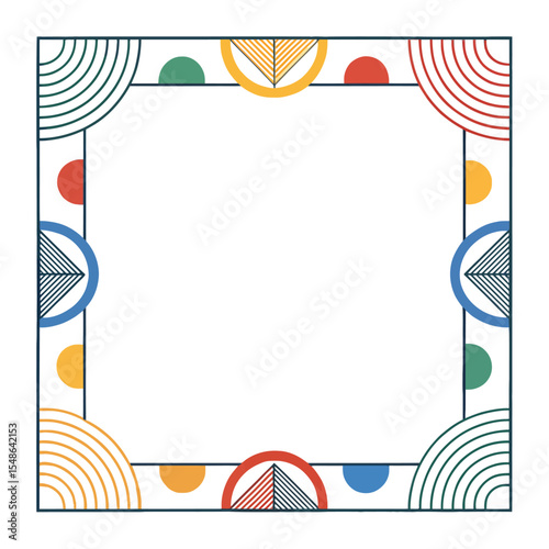 Geometric Pattern Frame: A vibrant geometric pattern forms a clean frame, combining circles, semicircles, and triangles in a modern layout for graphic design projects.