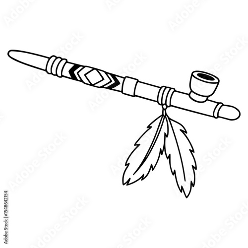 Native American peace pipe illustration with decorative patterns and feathers