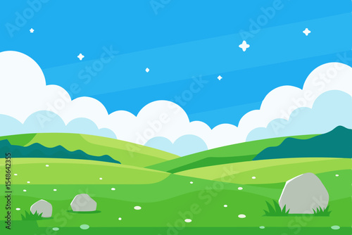 Rural vector landscape illustration featuring green fields, trees, and hills under a summer sky with clouds