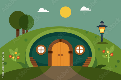 Cartoon illustration of a house in a rural landscape with trees, sky, and grass