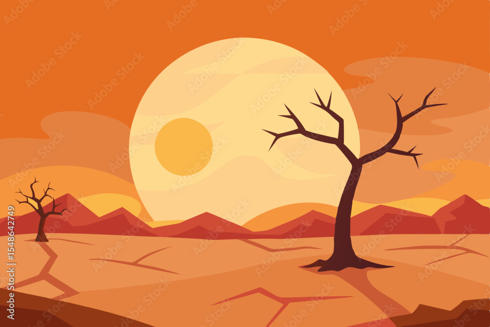 Orange autumn sun setting on a vector desert landscape with silhouetted dead trees