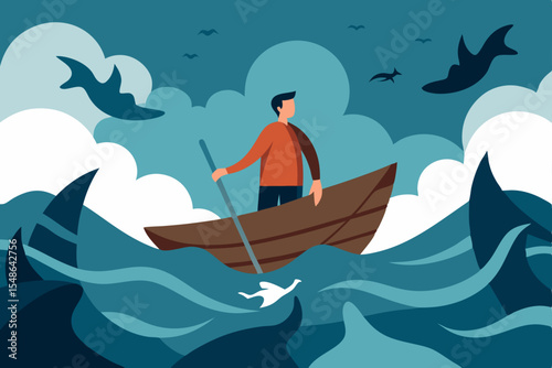 Cartoon vector illustration of people surfing in the ocean with a shark, dolphin, and fish near a boat