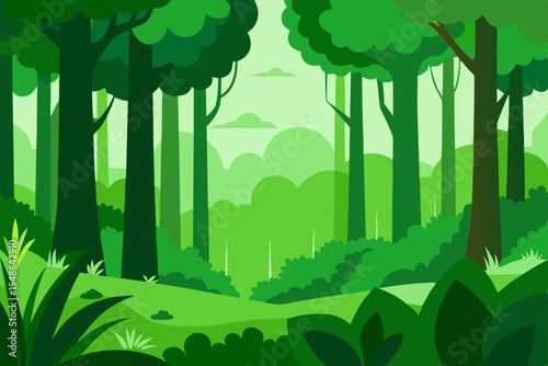 A verdant vector illustration of a green forest landscape with trees, a city skyline, and clouds