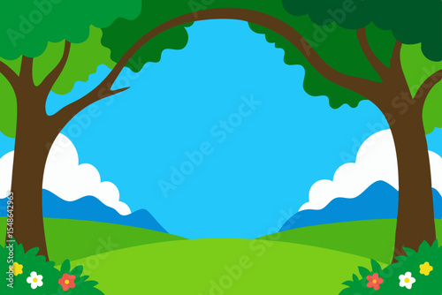 A vibrant cartoon vector illustration depicts a summer country landscape with a single tree and colorful flowers under a bright sky, featuring rolling green hills and distant mountains