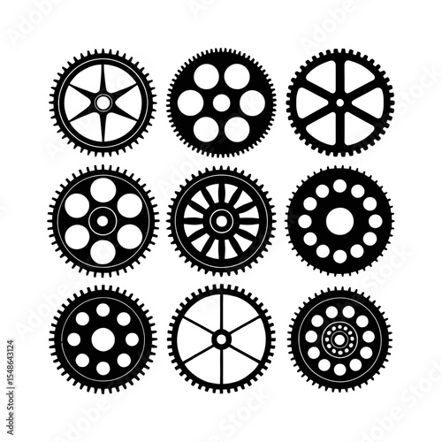 Mechanized Precision: A meticulously arranged set of gears, rendered in bold monochrome, showcases the intricacies of mechanical design and industrial processes.