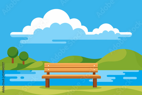 A vibrant summer landscape featuring a solitary bench under a clear blue sky, surrounded by green grass, trees, and distant hills