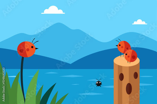 Vector illustration of a vibrant summer mountain landscape with flying birds and a ladybug on a leaf, amidst blooming flowers and green grass