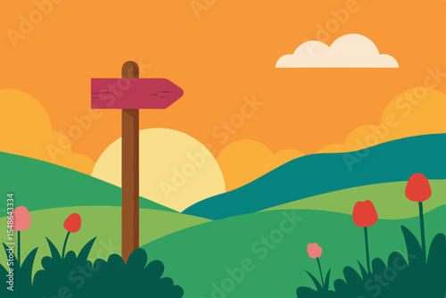 Vector illustration of a bright summer rural landscape with green trees, sky, clouds, and a winding road through a sunny field