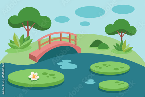 Green nature landscape with river, trees, and blue sky, summer meadow and hills, or serene rural land with a pond