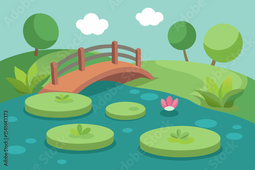 Green nature landscape with river, trees, and blue sky, summer meadow and hills, or serene rural land with a pond