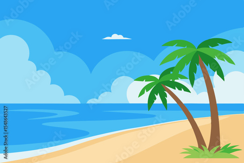 Tropical beach paradise with palm trees swaying over the turquoise sea and white sand