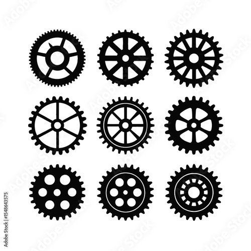 Intricate Gear Set Silhouette: A collection of detailed black gear silhouettes, showcasing the precision and complexity of mechanical design.