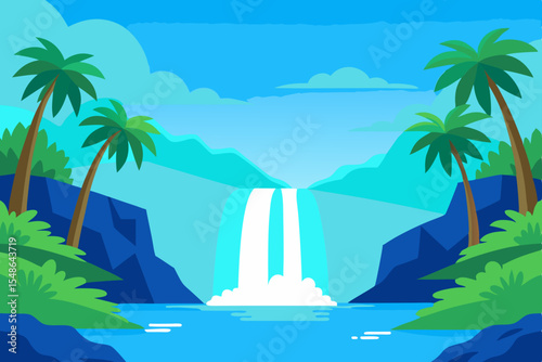 Serene Waterfall Paradise Tropical Getaway Illustration