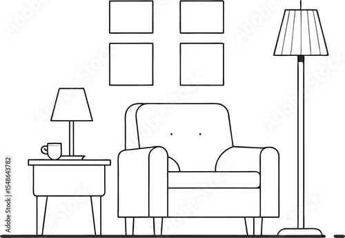 Cozy Living Room with Armchair, Lamp and Wall Art coloring book doodles.