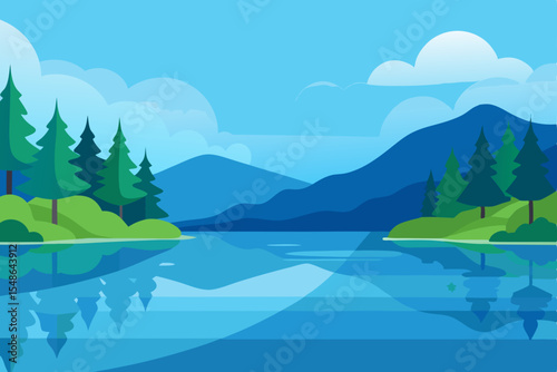 Serene Lakeside Mountain Vista A Picturesque Landscape Illustration