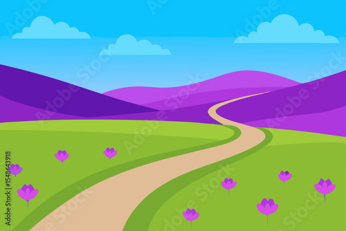 Serene Purple Hills Landscape Winding Road and Blooming Flowers