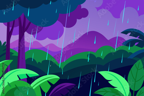 Blue vector illustration of autumn rain on the green grass with an umbrella and cloud pattern