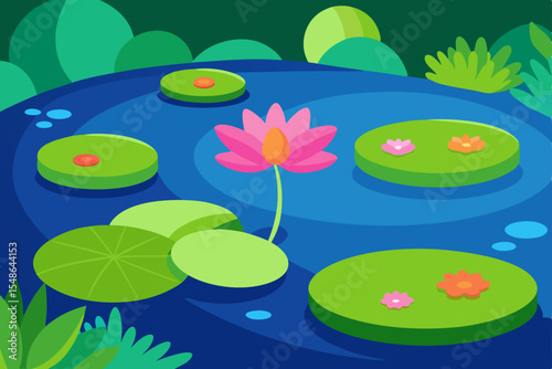 Pink water lilies bloom on the serene pond, their beautiful leaves reflecting the summer garden's natural beauty
