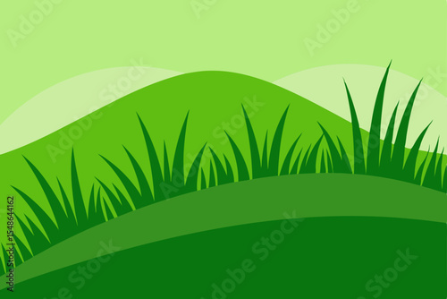 Green grass in a vibrant summer meadow with a clear blue sky, a fresh nature landscape vector illustration