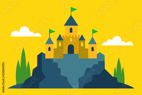 A whimsical cartoon castle on a hill, a vibrant vector illustration capturing the serene evening landscape with a towering silhouette against the moonlit sky