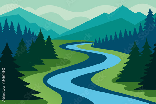 Winding mountain road through an alpine landscape with green forests and a clear sky, inviting summer travel