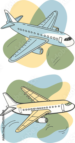 Two airplanes in the sky with colorful shapes illustration.