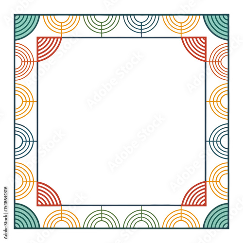 Geometric Frame Design: A square frame featuring a repeating semicircular pattern in a series of complementary colors, creating a balanced and visually appealing design.