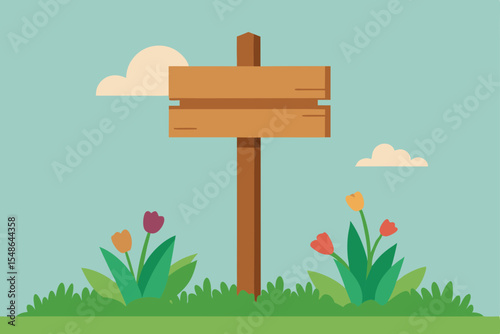 Blank wooden signpost on green grass with wildflowers