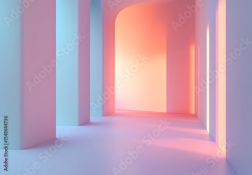 Modern Pastel Interior with Arched Walls and Soft Lighting

