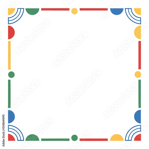 Colorful Geometric Frame: A vibrant square frame featuring a playful arrangement of geometric shapes in red, yellow, green, and blue.