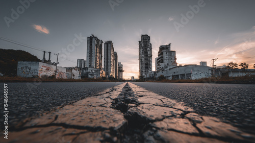 Desolate urban street with debris and abandoned buildings under a gray sky. Desolate city street scene with cracked asphalt, debris, and distant skyline under a cloudy sky.
