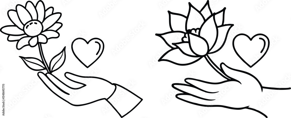 Hands Presenting Flowers and Hearts outline art. Hands Presenting Flowers and Hearts outline art.