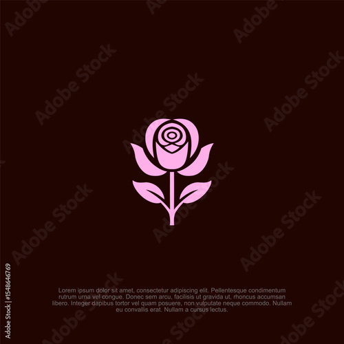Elegant floral emblem with a minimalist design featuring a stylized rose in a muted pink hue against a dark background, creating a modern and sophisticated visual identity