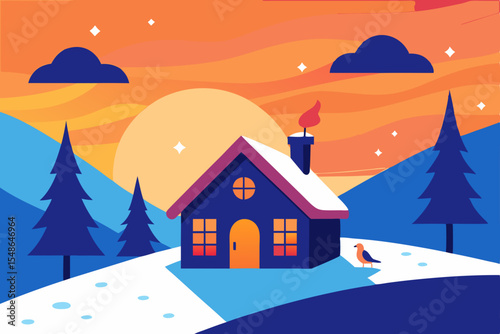 Christmas winter landscape with a house, snow, and trees, a festive holiday scene illustration