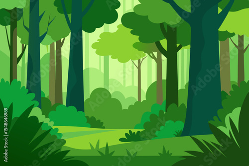 Nature's green landscape illustration of trees in a forest and woods, with a city skyline silhouette and urban park design