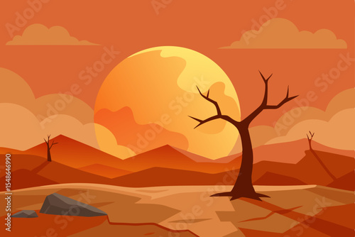 Vibrant vector landscape illustration showcasing a lone tree silhouetted against a breathtaking sunset sky, with distant mountains and desert sand