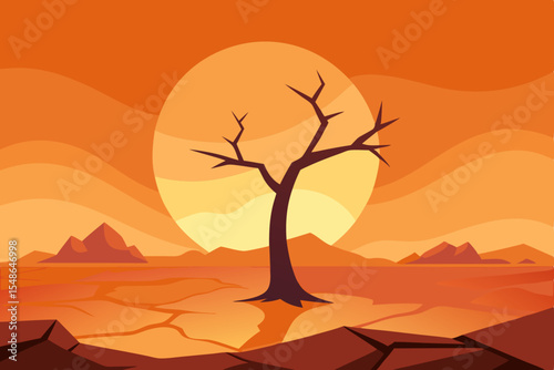 Sunset desert landscape with dead trees silhouette against an orange sky and sand dunes