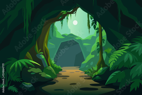 Dark green forest landscape with an old cave reflecting blue fantasy light