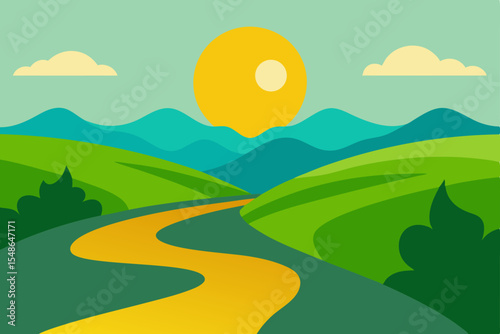 Vector summer landscape with green grass, blue sky, and distant mountains